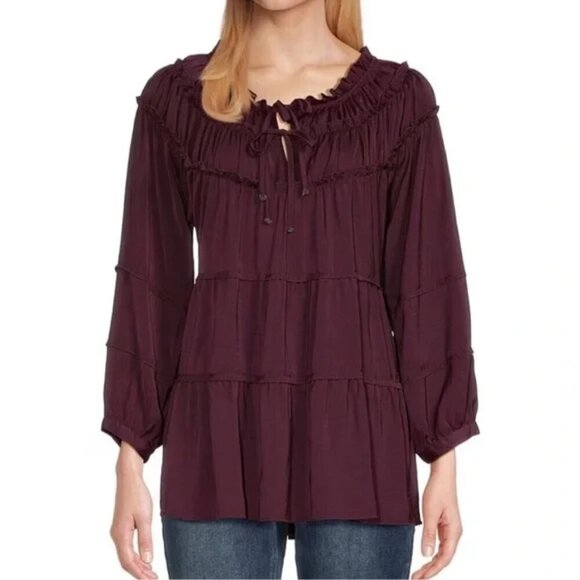 John Mark Peasant Tunic Top Women's Plus Size 2X Purple Tiered 3/4 Sleeve - Picture 1 of 11